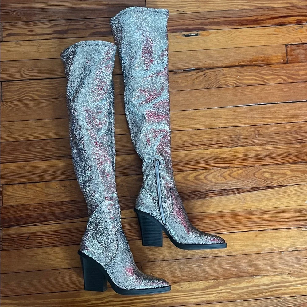 Katy Perry The Citygurl Silver Glitter Over the Knee Boots Size 5.5 NWOB
